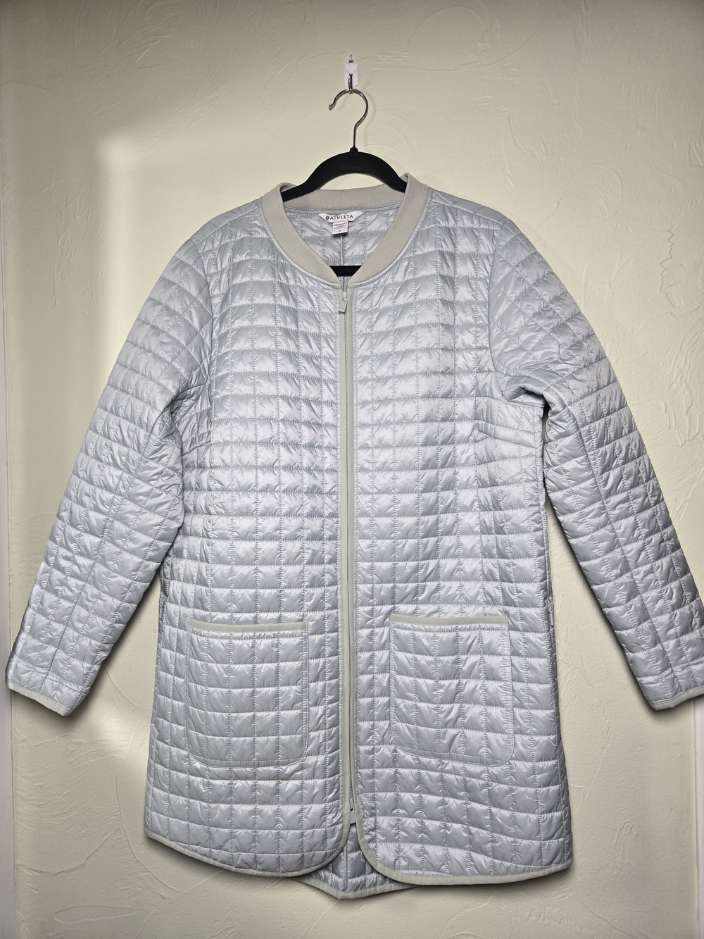 Athleta Whisper Featherless Quilted Long Bomber Jacket - Ice Blue/ Ice Mint